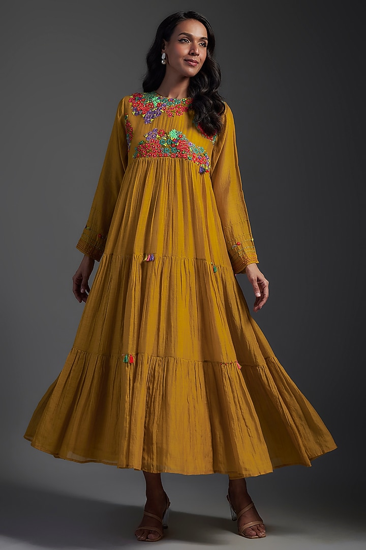 Yellow Fine Chanderi Embroidered Tiered Maxi Vacation Dress by Half Full Curve at Pernia's Pop Up Shop