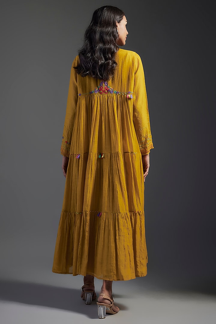 Yellow Fine Chanderi Embroidered Tiered Maxi Vacation Dress by Half Full Curve at Pernia's Pop Up Shop