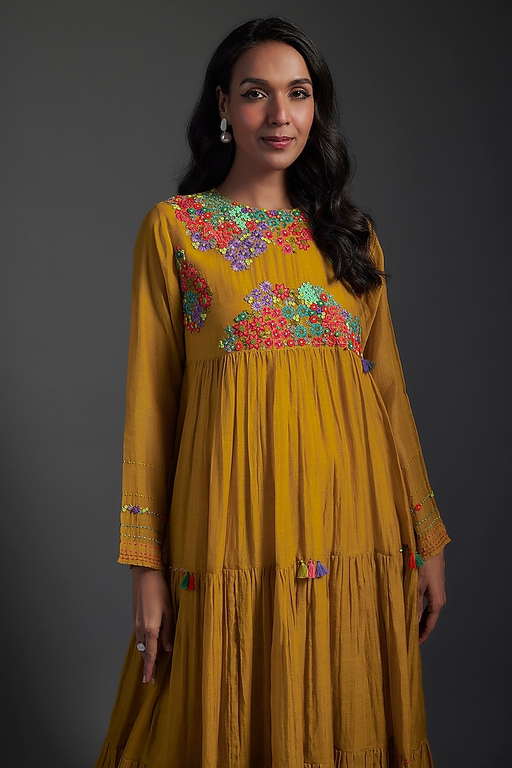 Yellow Fine Chanderi Embroidered Tiered Maxi Dress by Half Full Curve at Pernia's Pop Up Shop