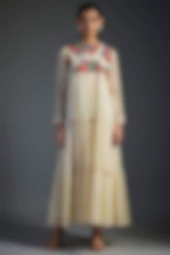 Ivory Fine Chanderi Embroidered Tiered Maxi Dress by Half Full Curve at Pernia's Pop Up Shop