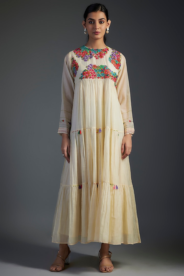 Ivory Fine Chanderi Embroidered Tiered Maxi Dress by Half Full Curve at Pernia's Pop Up Shop