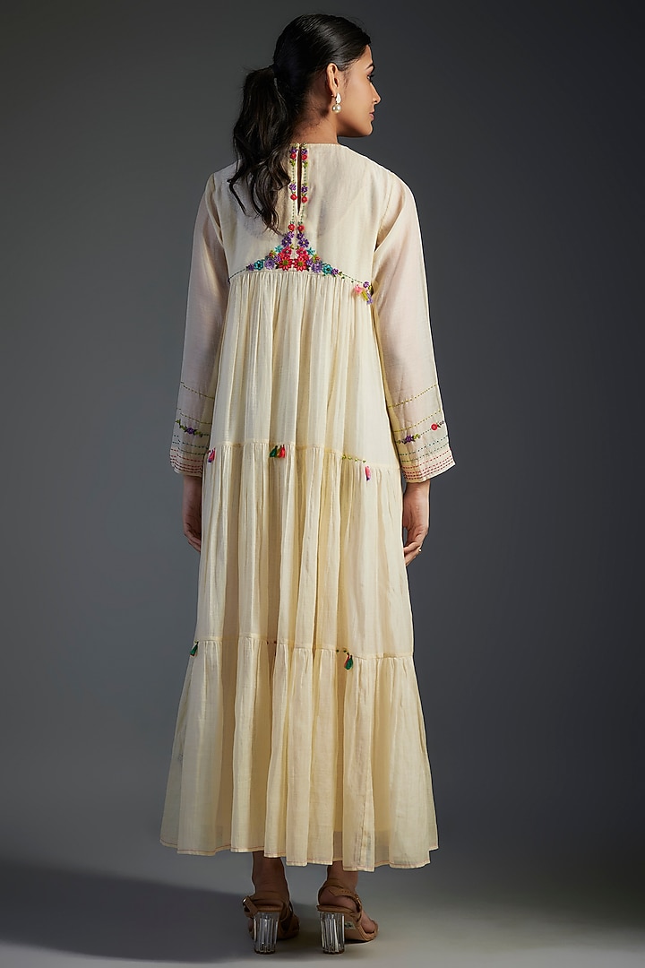 Ivory Fine Chanderi Embroidered Tiered Maxi Vacation Dress by Half Full Curve at Pernia's Pop Up Shop