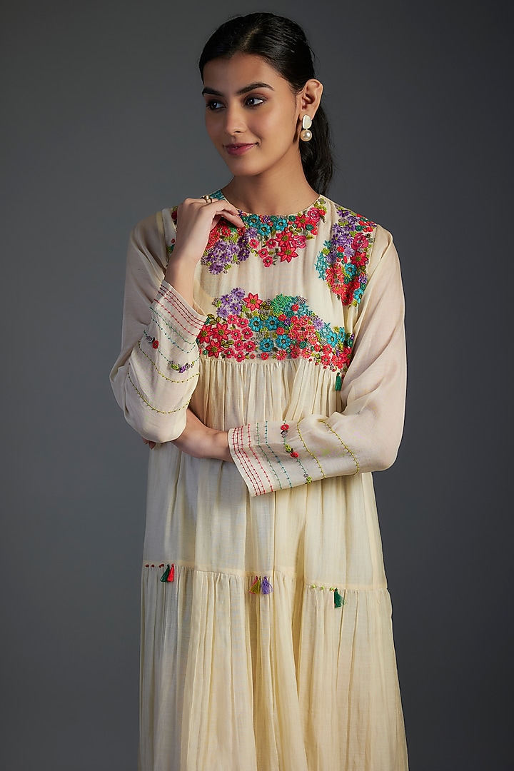 Ivory Fine Chanderi Embroidered Tiered Maxi Vacation Dress by Half Full Curve at Pernia's Pop Up Shop