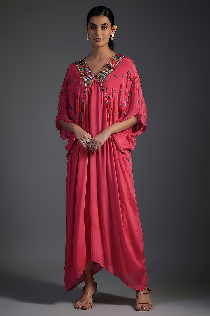 Pink Crepe Chiffon Hand Embroidered Kaftan by Half Full Curve at Pernia's Pop Up Shop