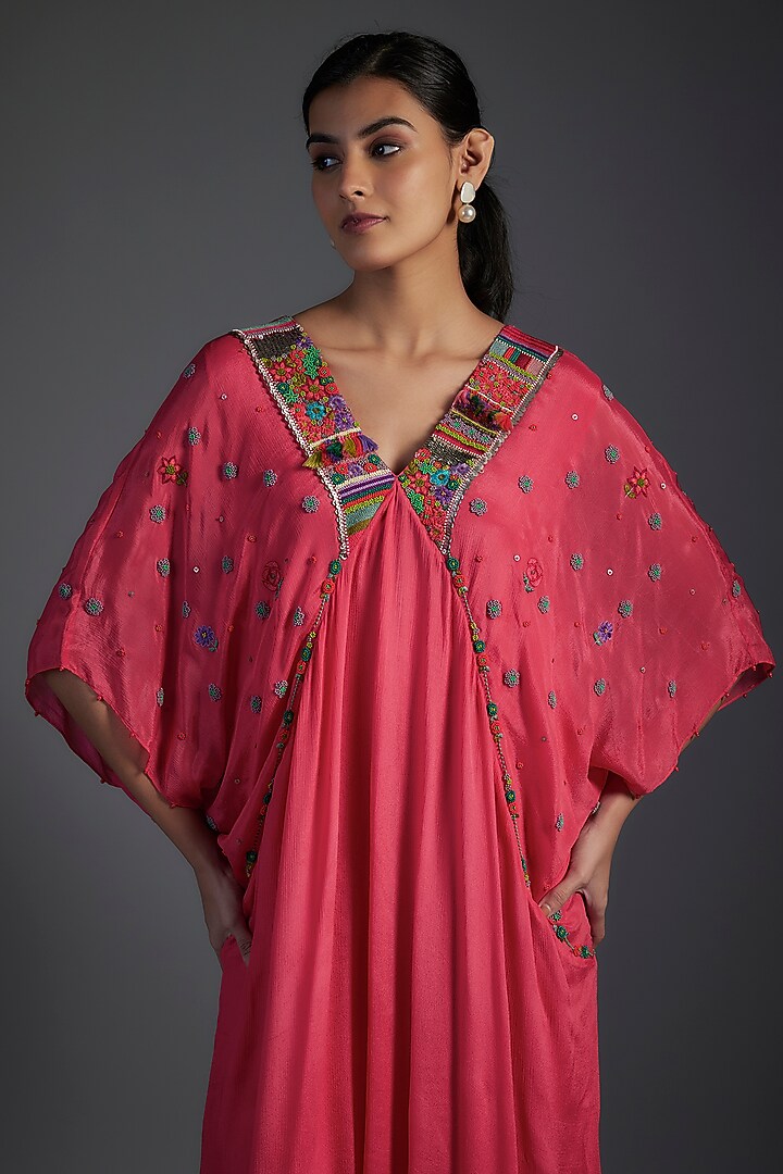 Pink Crepe Chiffon Hand Embroidered Kaftan by Half Full Curve at Pernia's Pop Up Shop