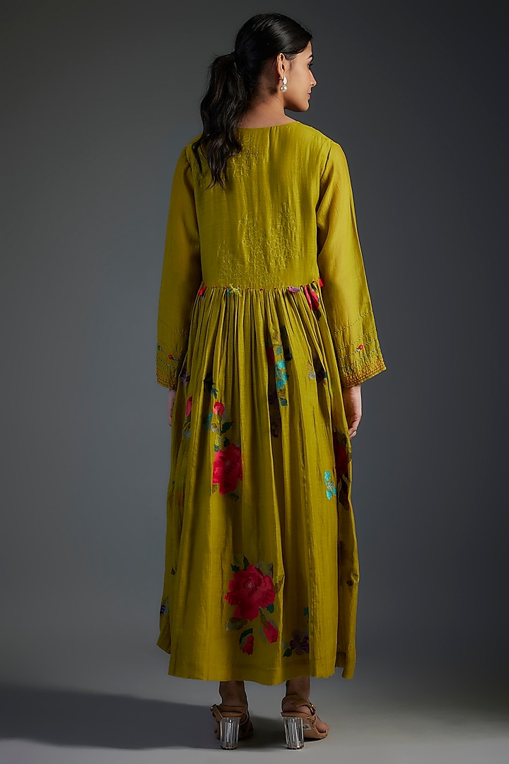 Green Fine Chanderi Embroidered Maxi Dress by Half Full Curve at Pernia's Pop Up Shop