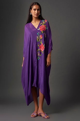 Purple Crepe Chiffon Floral Hand Embroidered Midi Dress by Half Full Curve