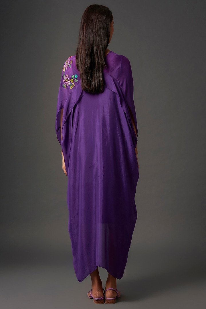 Purple Crepe Chiffon Floral Hand Embroidered Midi Vacation Dress by Half Full Curve at Pernia's Pop Up Shop
