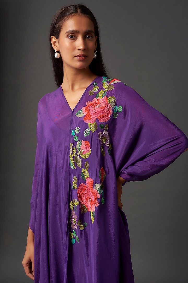 Purple Crepe Chiffon Floral Hand Embroidered Midi Vacation Dress by Half Full Curve at Pernia's Pop Up Shop