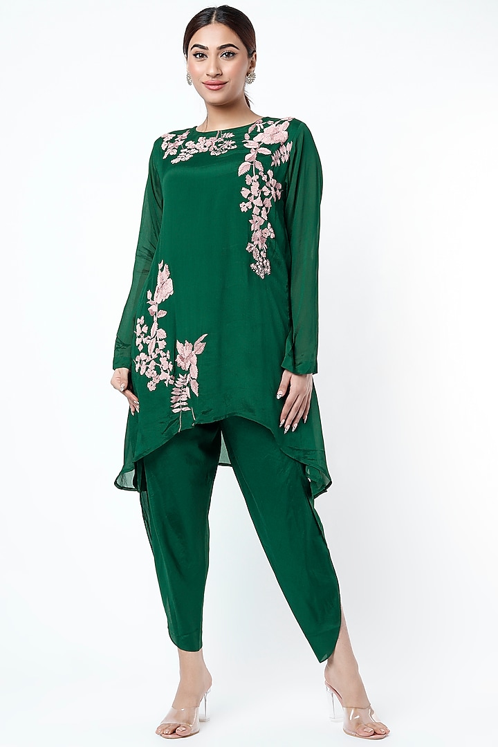 Bottle Green Embroidered Kurta Set by Half Full Curve
