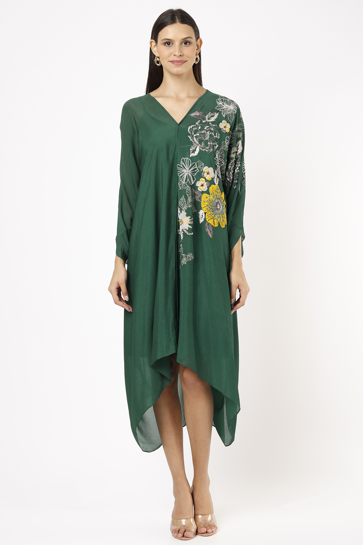 Teal Hand Embroidered Draped Midi Vacation Dress With Inner by Half Full Curve at Pernia's Pop Up Shop