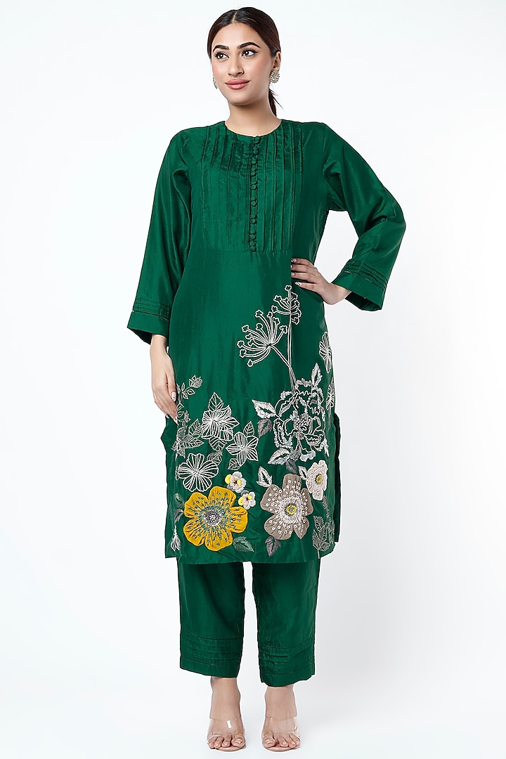 Bottle Green Hand Embroidered Kurta Set by Half Full Curve