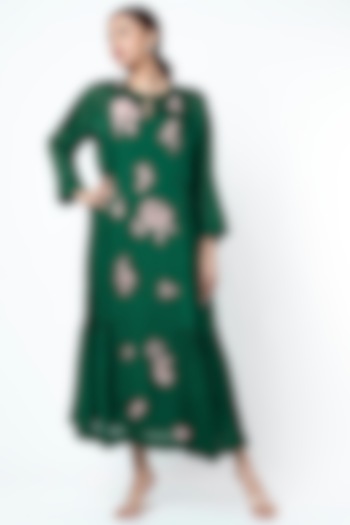 Bottle Green Hand Embroidered Dress by Half Full Curve