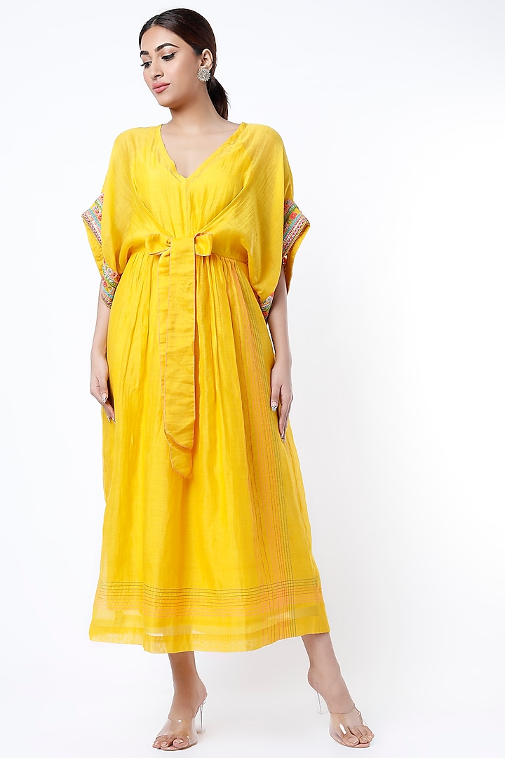 Yellow Hand Embroidered Dress by Half Full Curve