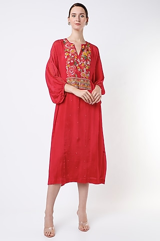 Hot Pink Hand Embroidered Dress by Half Full Curve