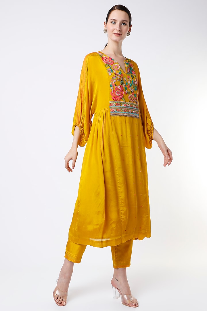 Mustard Hand Embroidered Kurta Set by Half Full Curve