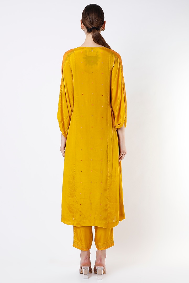 Mustard Hand Embroidered Kurta Set by Half Full Curve at Pernia's Pop Up Shop