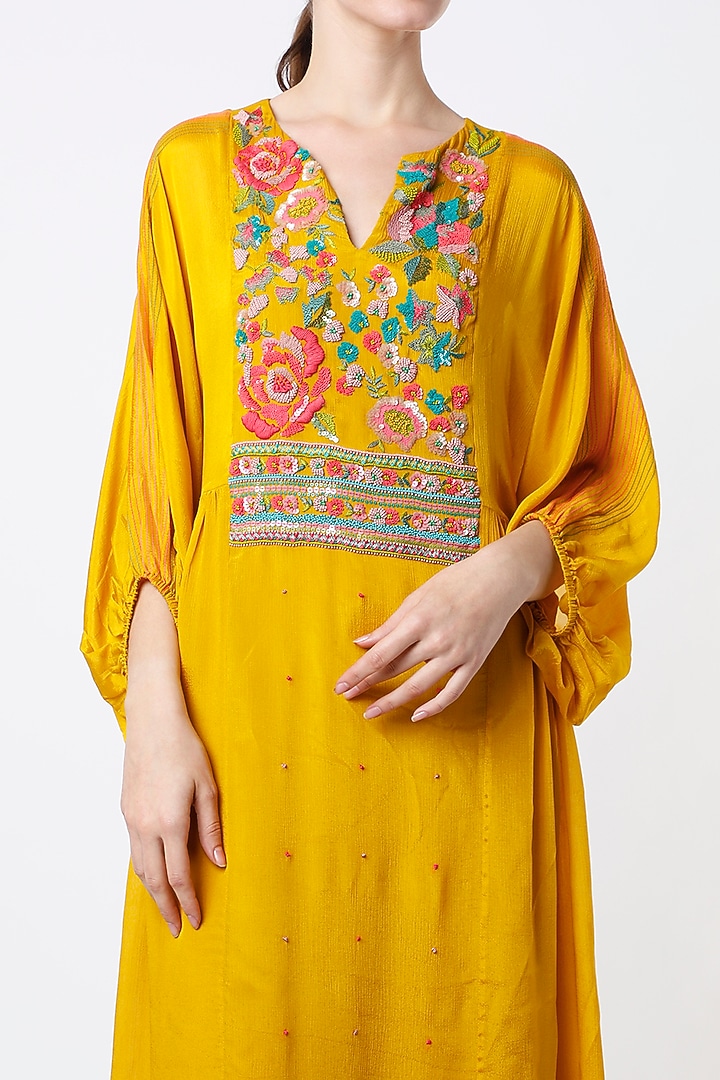 Mustard Hand Embroidered Kurta Set by Half Full Curve at Pernia's Pop Up Shop
