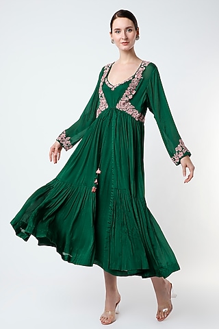 Emerald Green Hand Embroidered Jacket Set by Half Full Curve