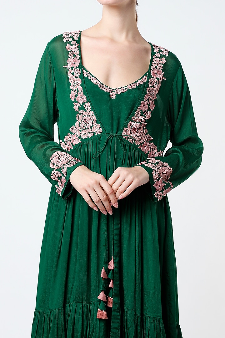 Emerald Green Hand Embroidered Jacket Set by Half Full Curve at Pernia's Pop Up Shop