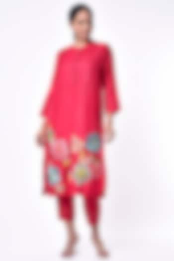 Cherry Red Hand Embroidered Kurta Set by Half Full Curve