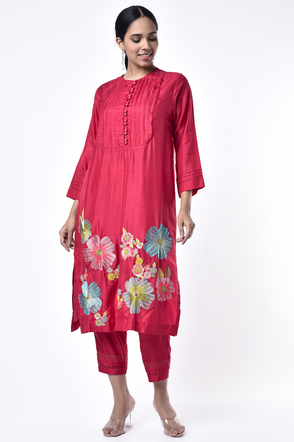 Cherry Red Hand Embroidered Kurta Set by Half Full Curve