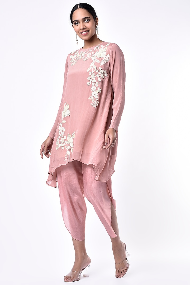 Baby Pink Hand Embroidered Tunic Set by Half Full Curve