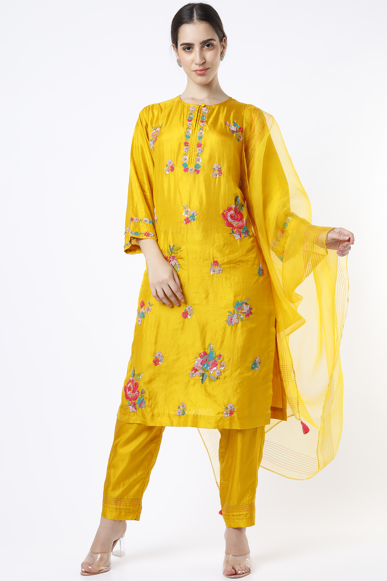 Yellow Embroidered Kurta Set by Half Full Curve at Pernia's Pop Up Shop