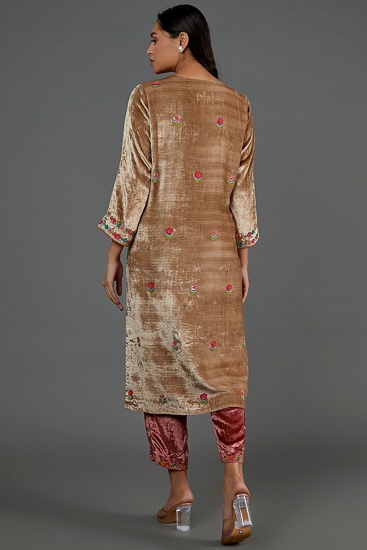 Tan Brown Embroidered Kurta Set by Half Full Curve at Pernia's Pop Up Shop