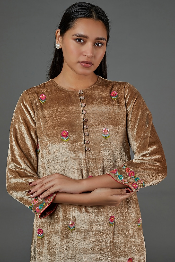 Tan Brown Embroidered Kurta Set by Half Full Curve at Pernia's Pop Up Shop