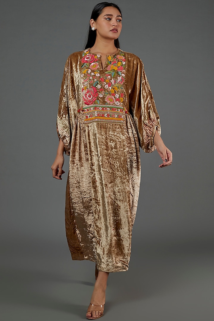 Tan Brown Embroidered Draped Kaftan by Half Full Curve