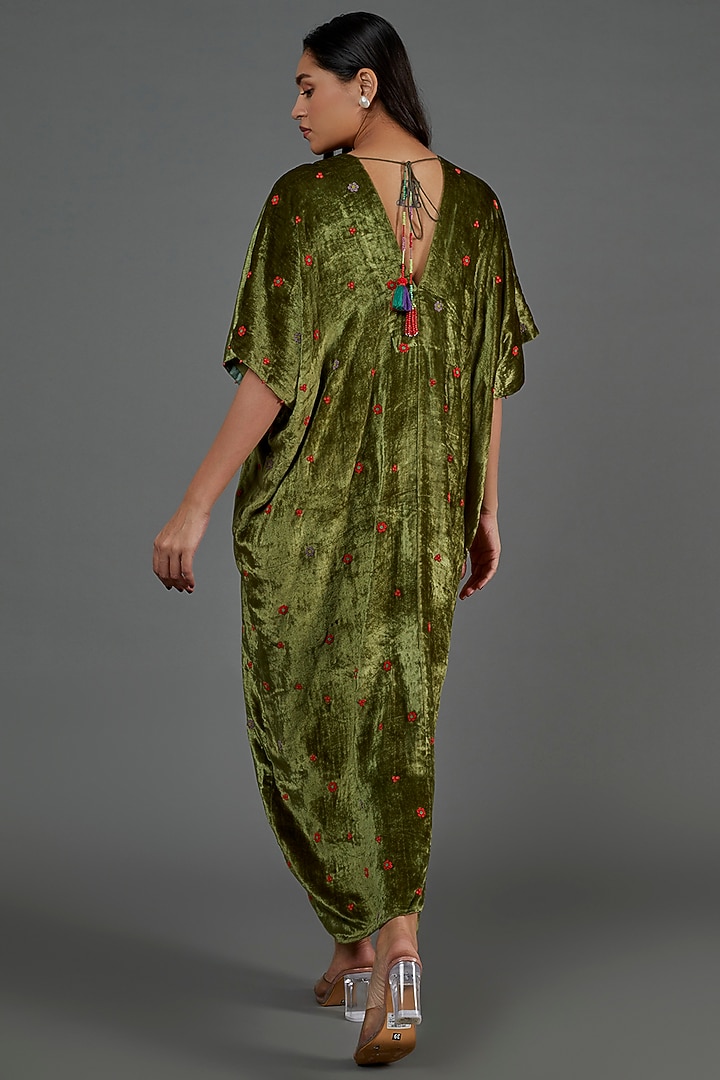 Mehendi Green Embroidered Draped Kaftan by Half Full Curve at Pernia's Pop Up Shop