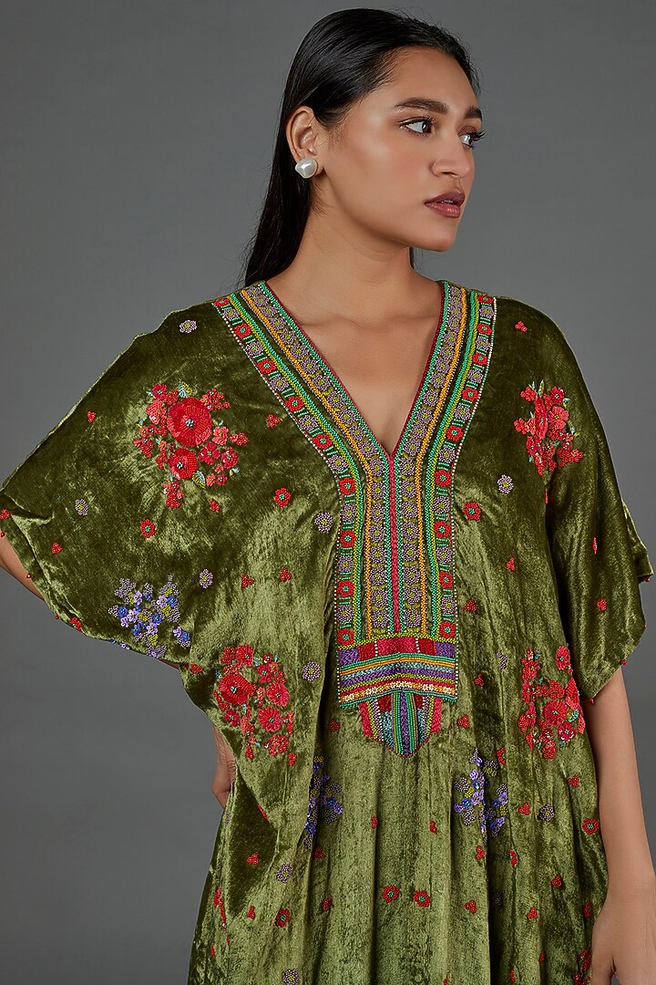 Mehendi Green Embroidered Draped Kaftan by Half Full Curve at Pernia's Pop Up Shop