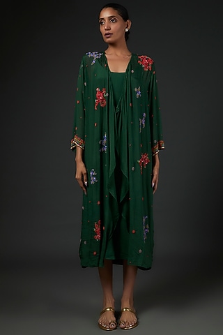 Emerald Green Chiffon Hand Embroidered Jacket by Half Full Curve