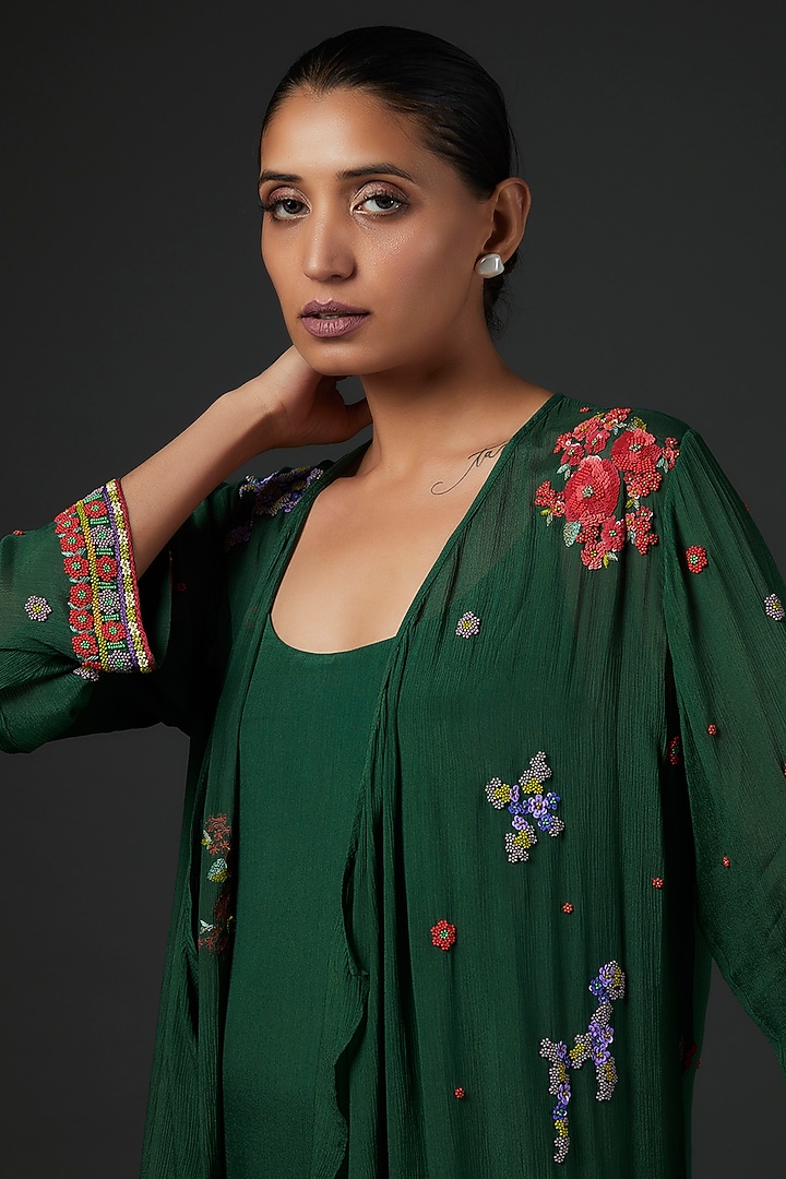 Emerald Green Chiffon Hand Embroidered Jacket by Half Full Curve at Pernia's Pop Up Shop