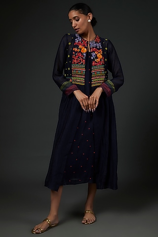 Navy Blue Chiffon Crepe Jacket Dress by Half Full Curve