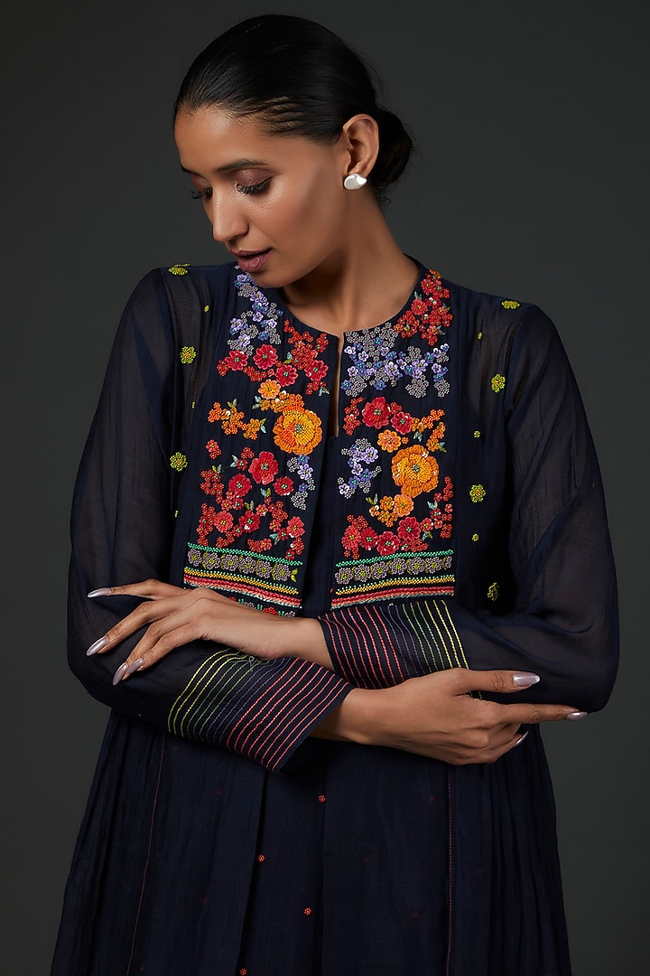 Navy Blue Chiffon Crepe Jacket Dress by Half Full Curve at Pernia's Pop Up Shop