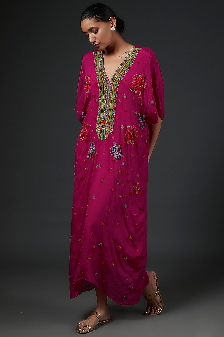 Pink Chiffon Crepe Floral Embroidered Kaftan by Half Full Curve