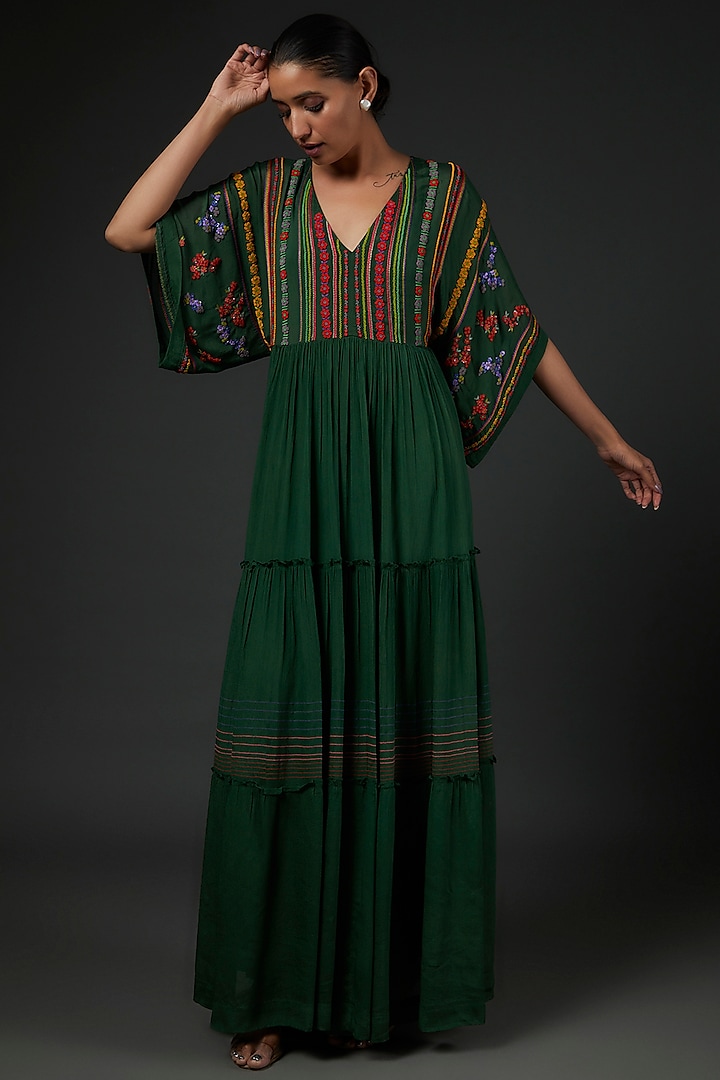 Emerald Green Chiffon Crepe Floral Embroidered Kaftan by Half Full Curve