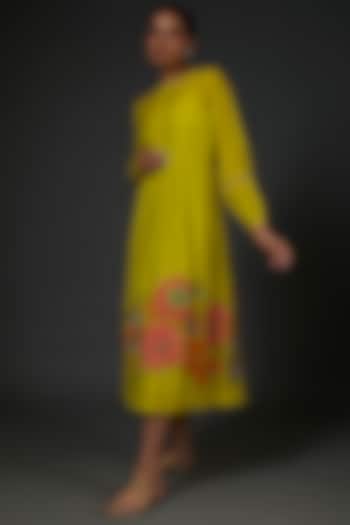 Yellow Chiffon Crepe Floral Printed Midi Dress by Half Full Curve
