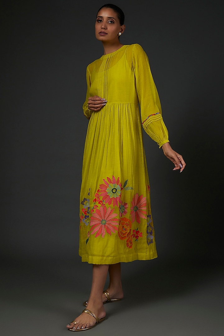 Yellow Chiffon Crepe Floral Printed Midi Dress by Half Full Curve