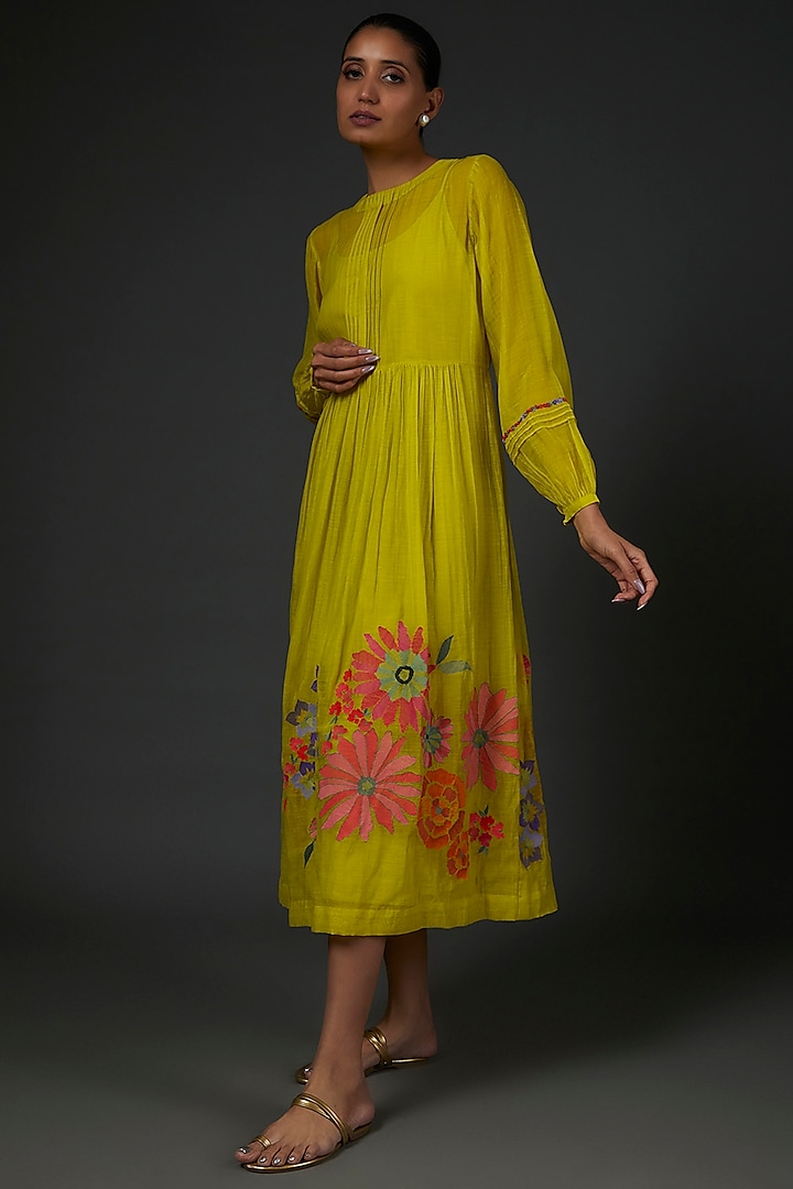 Yellow Chiffon Crepe Floral Printed Midi Dress by Half Full Curve at Pernia's Pop Up Shop