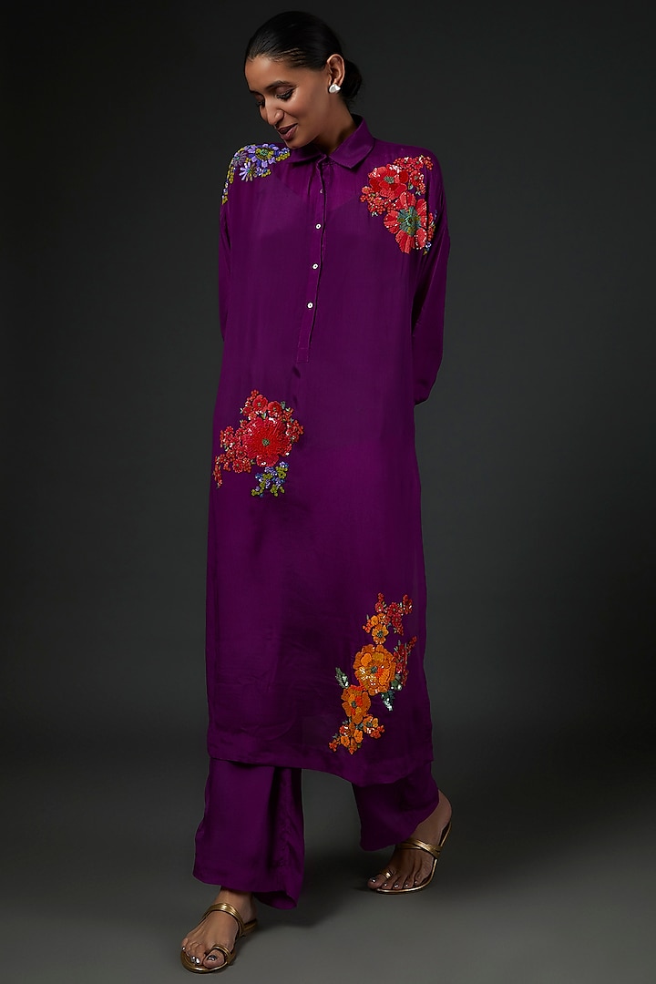 Purple Chiffon Crepe Floral Embroidered Kurta Set by Half Full Curve