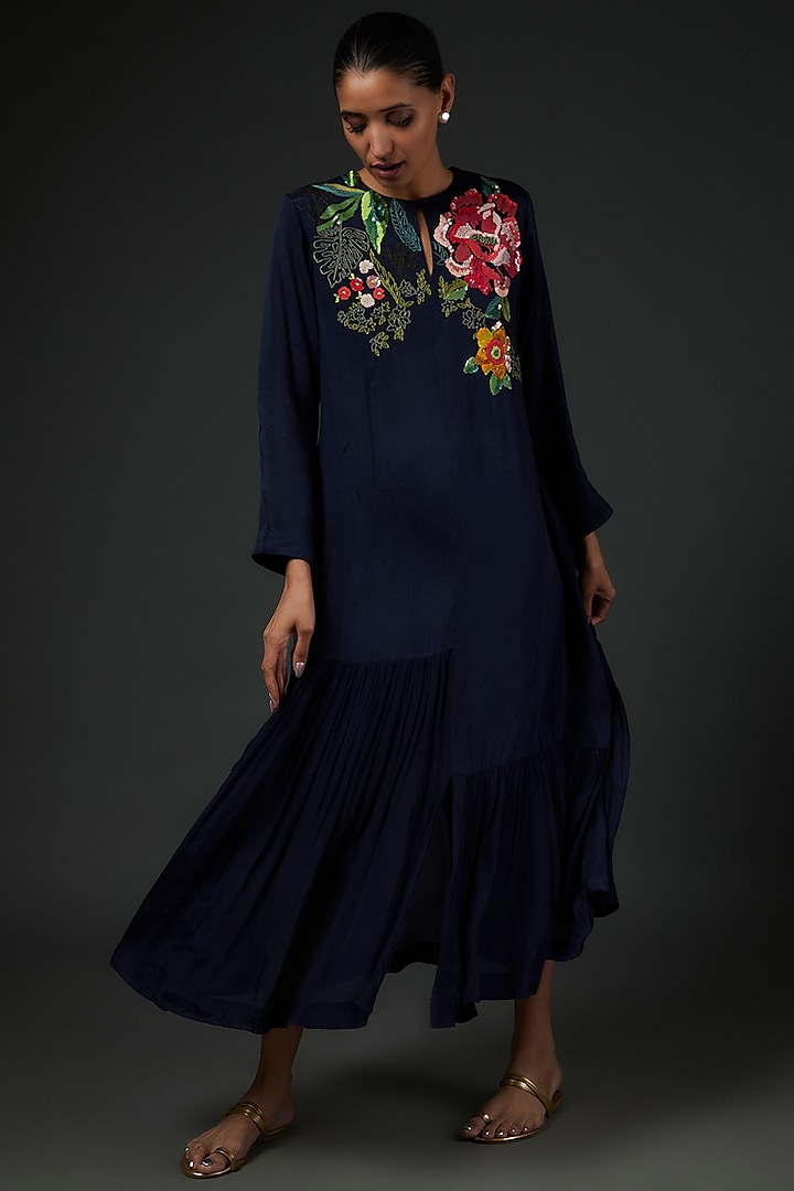 Navy Blue Chiffon Crepe Embroidered Dress by Half Full Curve