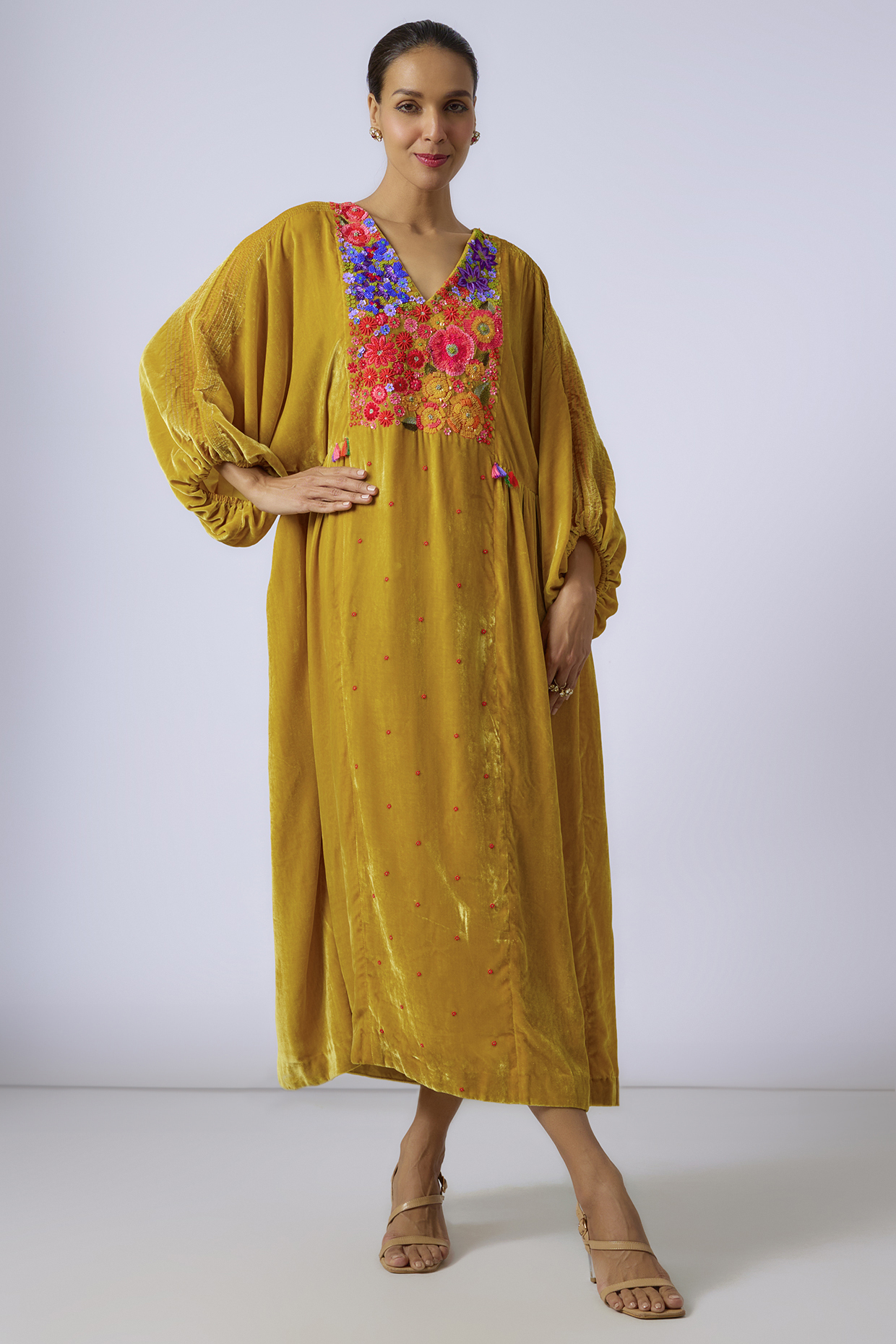 Yellow Silk Velvet Hand Embroidered Midi Dress by Half Full Curve at Pernia's Pop Up Shop