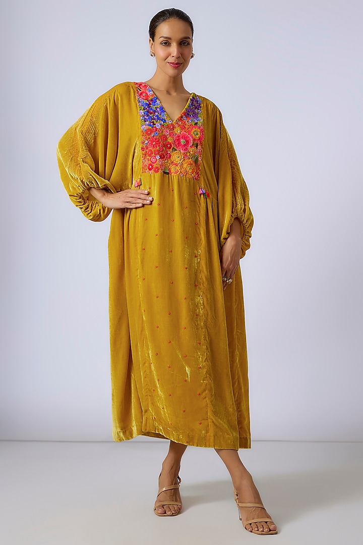 Yellow Silk Velvet Hand Embroidered Midi Dress by Half Full Curve at Pernia's Pop Up Shop