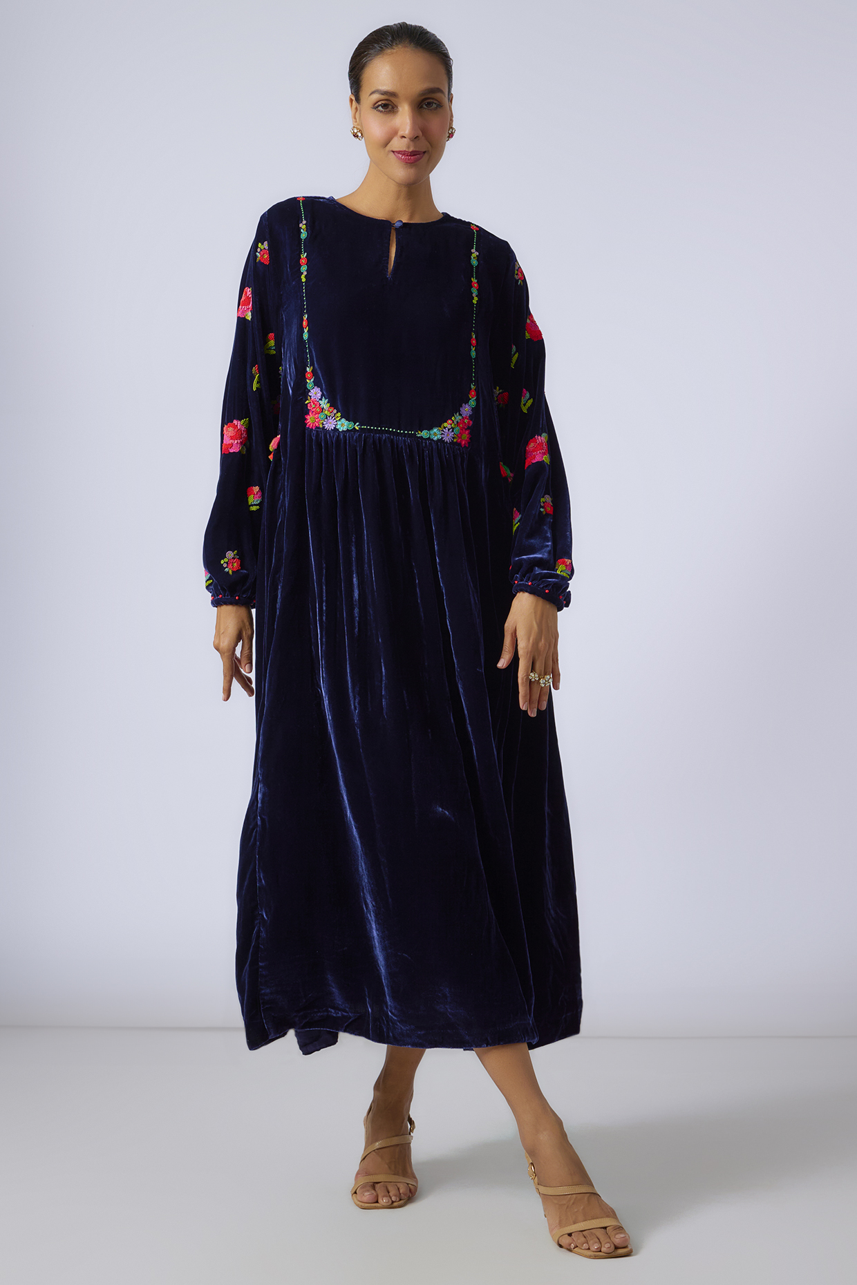 Blue Silk Velvet Hand Embroidered Midi Dress by Half Full Curve at Pernia's Pop Up Shop