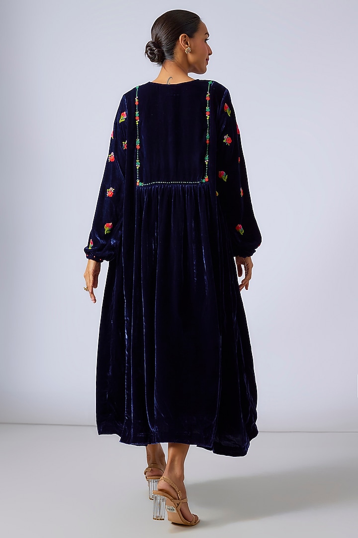 Blue Silk Velvet Hand Embroidered Midi Vacation Dress by Half Full Curve at Pernia's Pop Up Shop