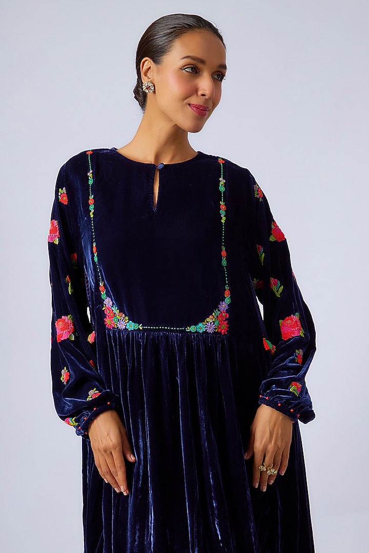 Blue Silk Velvet Hand Embroidered Midi Vacation Dress by Half Full Curve at Pernia's Pop Up Shop