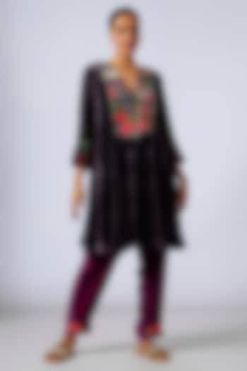 Wine Silk Velvet Hand Embroidered Kurta Set by Half Full Curve at Pernia's Pop Up Shop